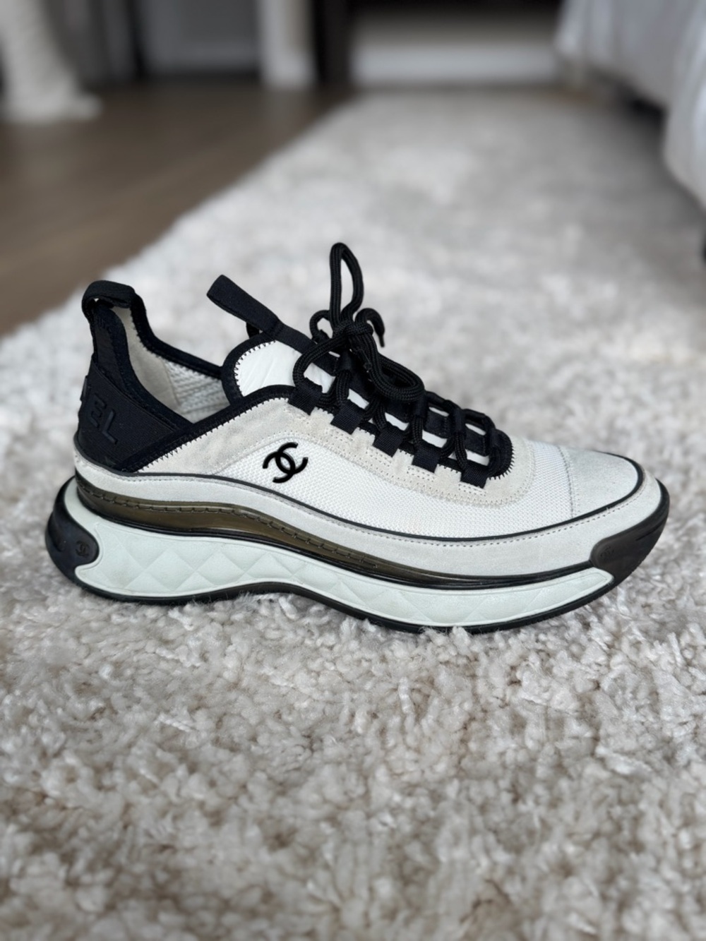 CHANEL White and Black CC Logo Platform Sneakers